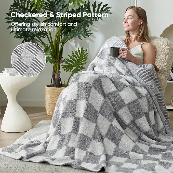 Snuggle Sac Checkered Throw Blanket for Couch,Reversible Soft Cozy Fluffy Blankets for Sofa Bedroom,Cute Lightweight Striped Throws for Women,Heather Light Grey,50x60 inches