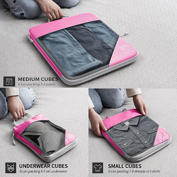 9-Set Packing Cubes with Hanging Bag | 9-Size Combination, Mesh Fabric & Reflective Stripe | Travel Luggage Organizers (Pink)