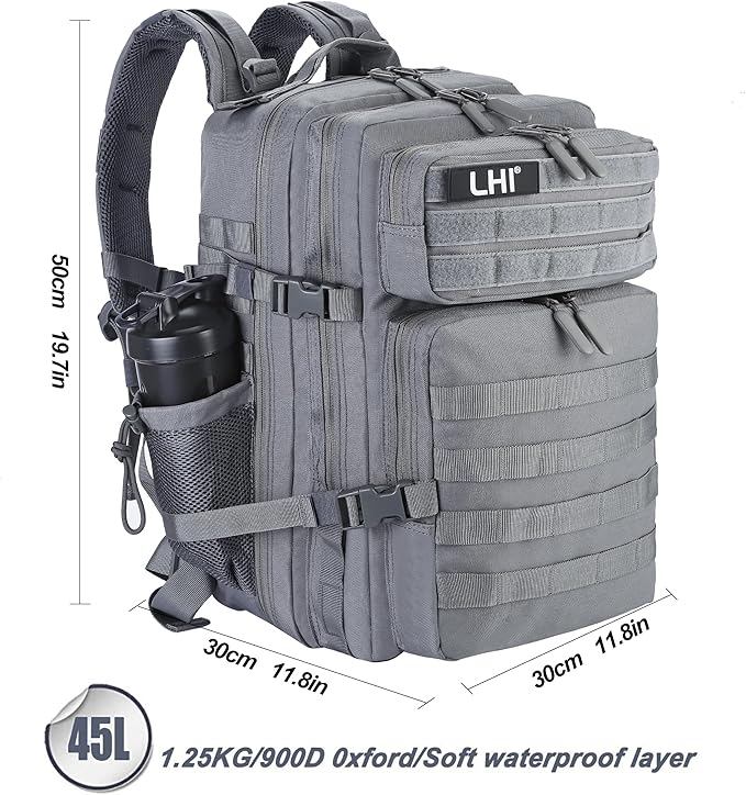 LHI Military Tactical Backpack for Men and Women 45L Army 3 Days Assault Pack Bag Large Rucksack with Molle System - Grey