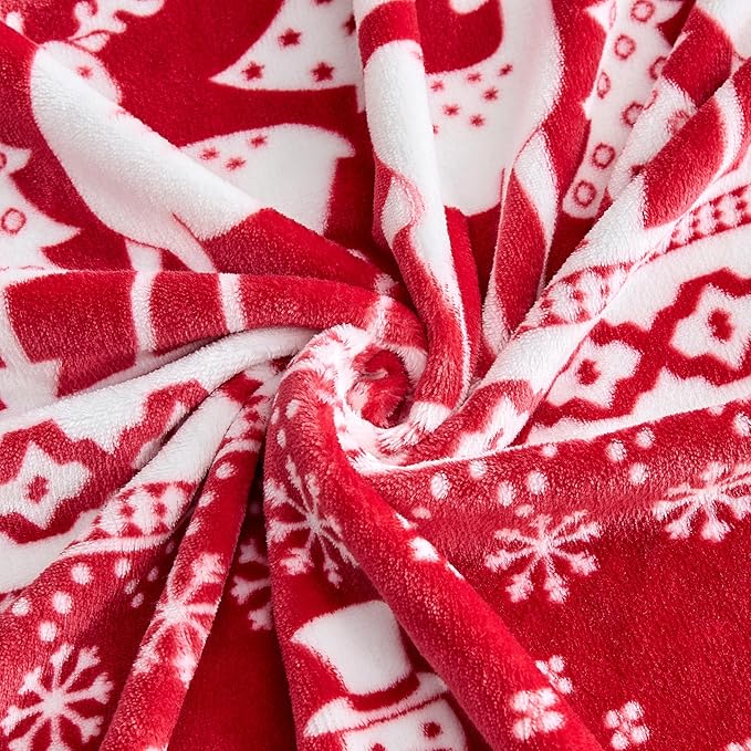 Christmas Blanket Soft Cozy Fleece Throws with Snowman Snowflake Reindeer and Xmas Trees Print, Fuzzy Warm Christmas Throw Blanket for Couch Bed Holiday Decorations Gifts 50"x60" (Red)