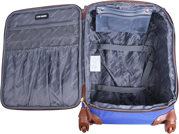 steve madden Designer Luggage Collection - Lightweight Softside Expandable Suitcase for Men & Women - Durable 20 Inch Carry On Bag with 4-Rolling Spinner Wheels, Global Blue, 20in, Spinner