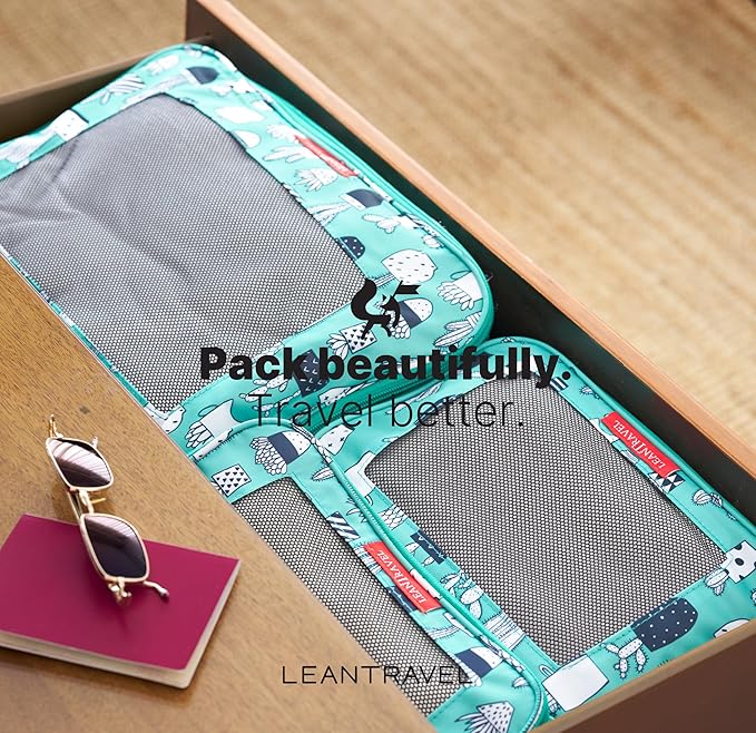 LeanTravel Premium Compression Packing Cubes for Travel - Suitcase Organizer Bags with Double Zipper & Breathable Mesh Panel - Space Saving Carry On Luggage Essentials (6-Pack, Green Cactus)