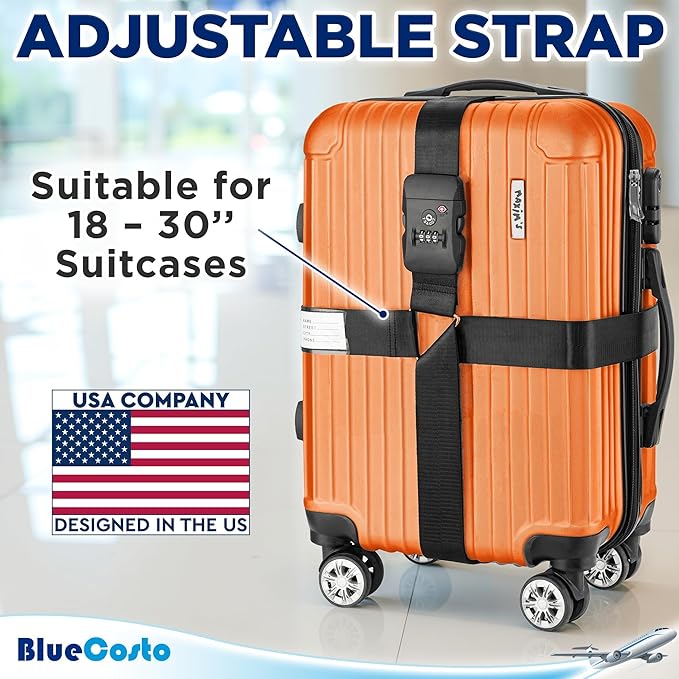 BlueCosto - Luggage Strap with TSA Lock - 7 to 13 ft Adjustable, Jet Black - TSA Approved Suitcase Security Belt with 3 Digit Combination Locking - 2" Wide Heavy Duty Baggage Strap for Secure Travel