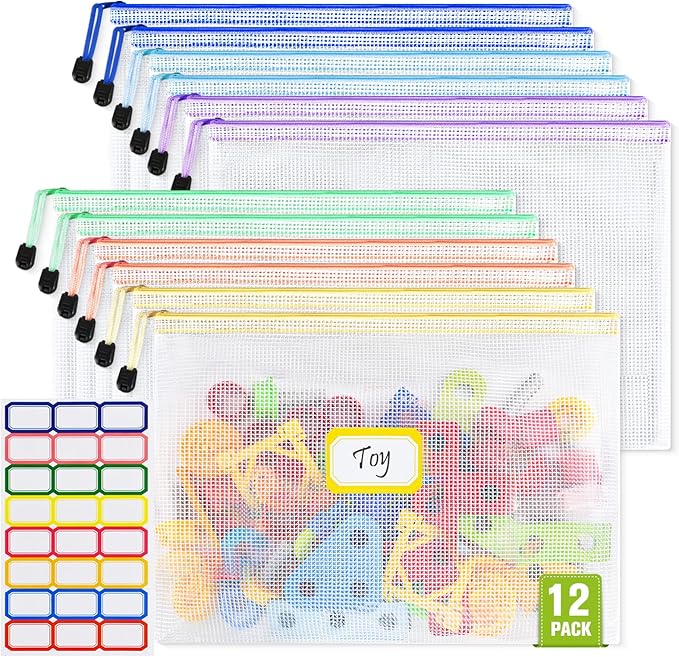 Mesh Zipper Pouch Bags: Clear Zipper Pouches for Classroom, Plastic Mesh Bag for Board Game Puzzles Storage, A3 Waterproof Organizing Pouch for School and Office Supplies (17 x 12Inch, 12PCS, 6 Color)