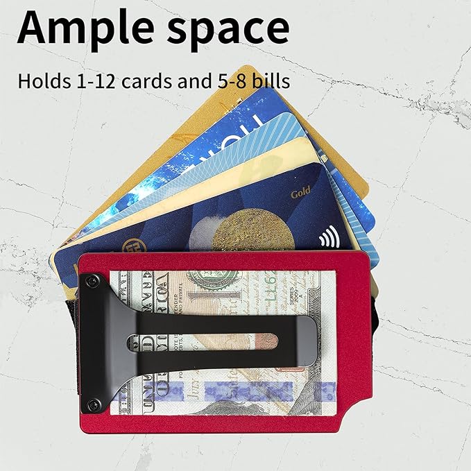 Minimalist Carbon Fiber Wallet for Men, Money Clip Cash Strap Wallet, RFID Blocking Metal Wallet Aluminum Card Holder,Front Pocket Wallet(Matte Red)