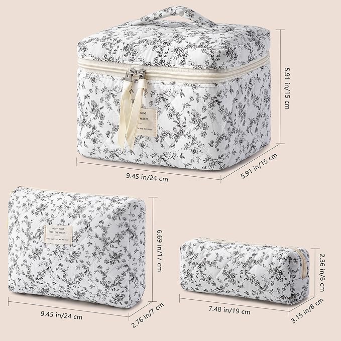 HBselect Quilted Makeup Bag, 3PCS Cotton Large Travel Makeup Bag, Cute Floral Coquette Make up Bag Cosmetic Bag Toiletry Bag for Women Girls