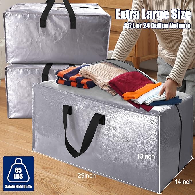Cosy Family 8 Pack Heavy Duty Extra Large Moving Bags with Backpack Straps - Strong Handles & Zippers, Storage Totes For Space Saving, Fold Flat, Alternative to Moving Box (Set of 8, Silver)