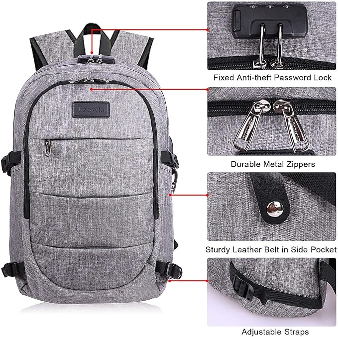 Tzowla Travel Laptop Backpack Water Resistant Anti-Theft Bag with Giant Tumbler Holder Pocket and Lock 17.3 Inch Computer Business Backpacks for Women Men Work College Gift,Casual Daypack(Grey)