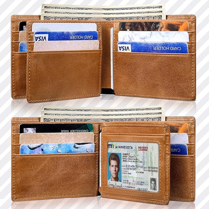 Artpaxy Mens Wallet Genuine Leather Bifold RFID Blocking Wallet for Men with 1 ID Window 13 Card Holders 2 cash pockets 1 Gift Box (Light Brown)