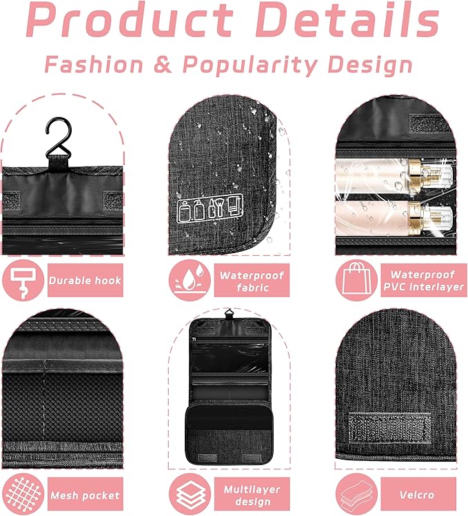 Toiletry Bag Travel Bag with Hanging Hook, Waterproof Capacity Hanging Multifunctional Makeup Bag for Toiletries, Portable Cosmetic Bag Travel Organizer for Women and Men(Black)