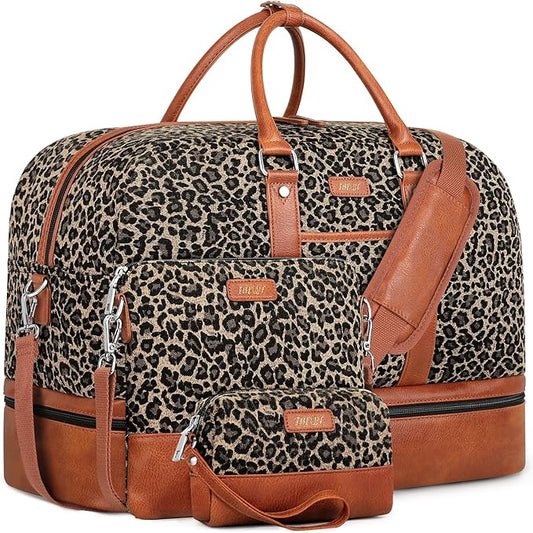 Weekender Bag for Women, Large Overnight Bag Canvas Travel Duffel Bag Carry On Tote with Shoe Compartment 21" 3Pcs Set