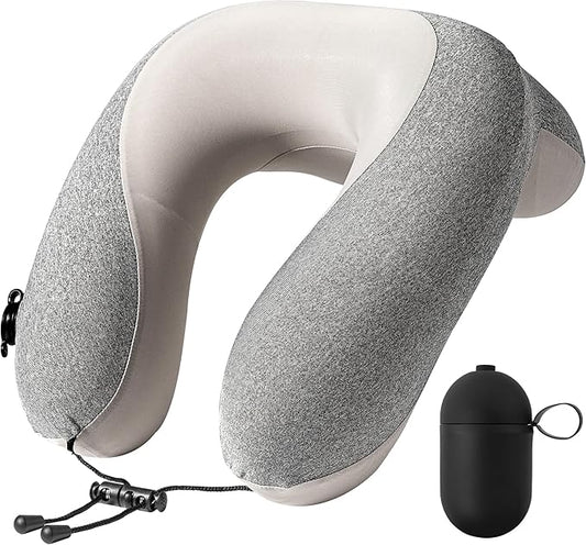 Inflatable Travel Neck Pillow for Airplane with Adjustable 360° Head & Neck Support, 2-in-1 Air Pump and Storage Bag, Soft Removable Washable Cover for Airplane, Train, Car, Office (Gray)