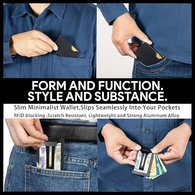 Carbon Fiber Minimalist Wallet for Men Credit Card Holder Money Clip & Cash Strap Slim RFID Mens Wallets(Matte Black)