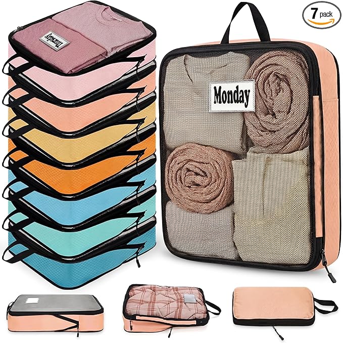 7 Pcs Packing Cubes for Travel Large Days of Week Compression Packing Cube with Labels Luggage Organizers Storage Bag(Multicolor)