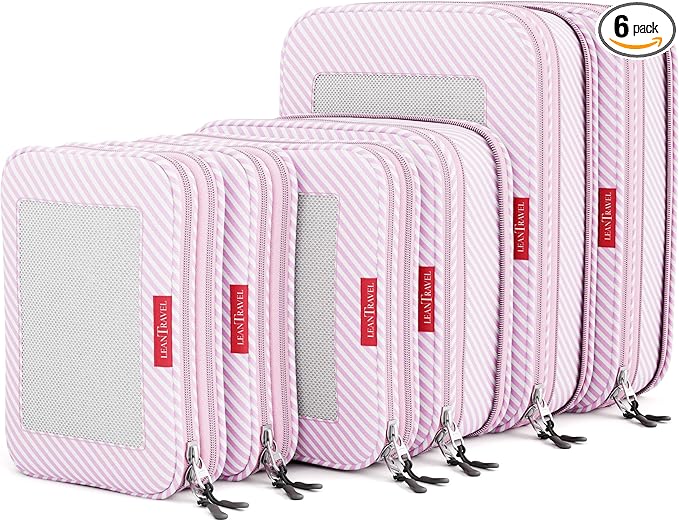 LeanTravel Premium Compression Packing Cubes for Travel - Suitcase Organizer Bags with Double Zipper & Breathable Mesh Panel - Space Saving Carry On Luggage Essentials (6-Pack, Pink Stripes)