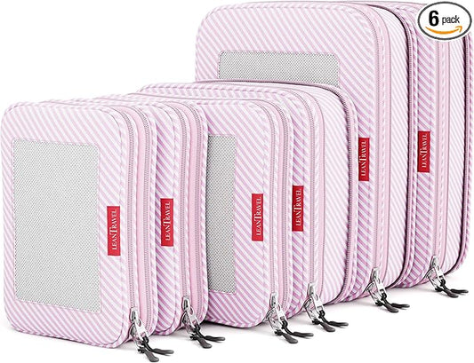 LeanTravel Premium Compression Packing Cubes for Travel - Suitcase Organizer Bags with Double Zipper & Breathable Mesh Panel - Space Saving Carry On Luggage Essentials (6-Pack, Pink Stripes)