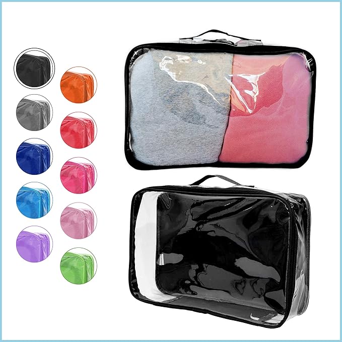Large Clear Travel Packing Cube/See-Through PVC Organizer for Suitcase/Multipurpose Pouch w/Handle/Dress Shirts, Pants, Cashmere, Sweaters & Seasonal Linen Storage Protection (Black)
