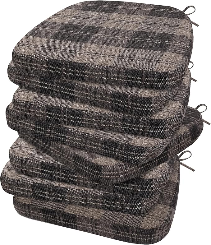 AAAAAcessories D-Shaped Chair Cushions, 2" Thick Dining Chair Pads with Ties and Removable, Machine-Washable Cover, 17" x 16", Set of 8, Brown Checkered