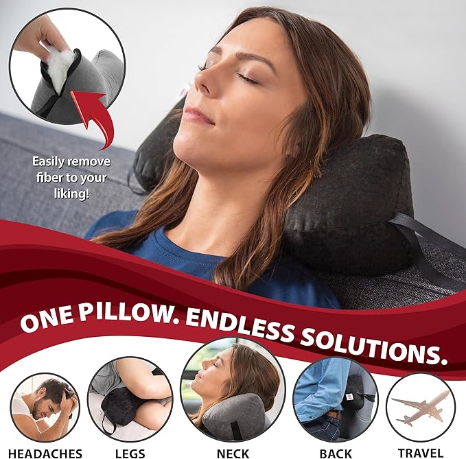 Core Products Sleep Log Bone Shaped Chiropractic Neck and Back Pillow for Cervical Support, Adjustable Firmness, Midsize - Travel or Use at Home, 13" x 6" x 6", 60" Strap