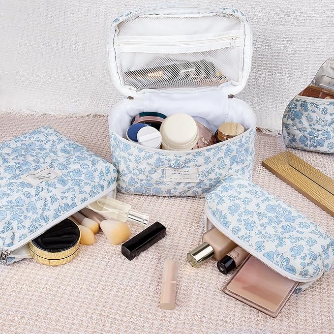 3PC Makeup Bag Set, Cute Cosmetic Bag for Women Girls, Floral Coquette Aesthetic Toiletry Bag, Travel Make Up Organizer Bag (Blue Check)