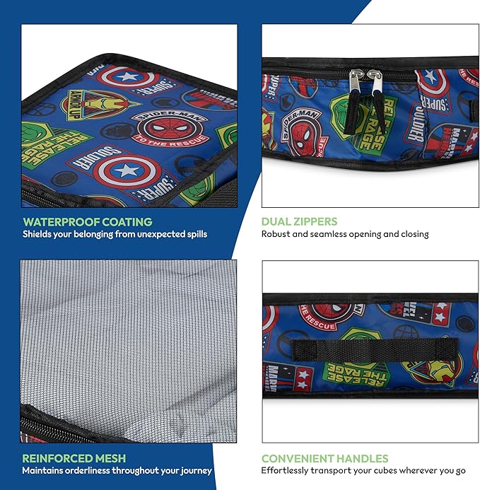 Marvel Comics 5-Piece Packing Cube Set - Spiderman, Ironman, Captain America - 5 Piece Packing Cubes Compression Travel Essential Accessories - Luggage Suitcase Organizer Set - For Kids, Adults