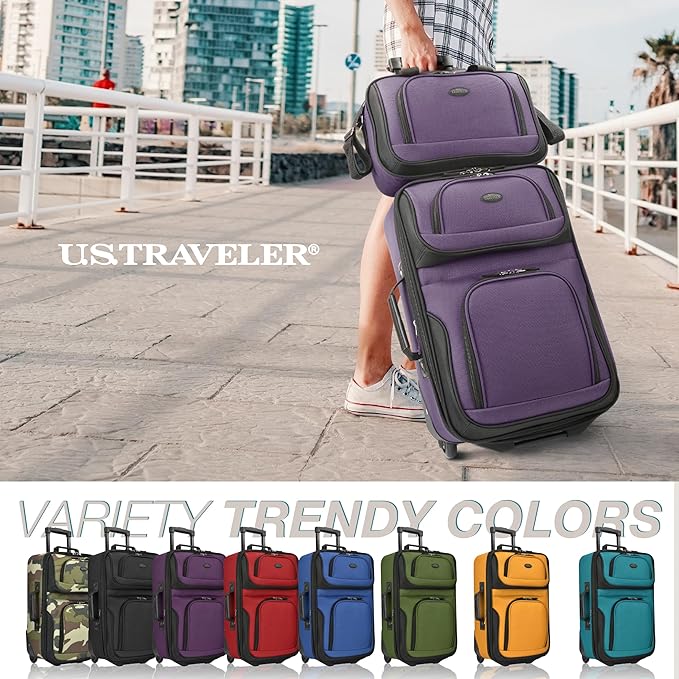 U.S. Traveler Rio Lightweight Softside Rolling Carry-on Suitcase, 2-Wheel Set, Purple