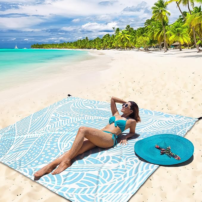 Beach Blanket Sandproof Extra Large Beach Mat Adults Waterproof Quick Drying Sand Free Mat Made by Premium Polyester with 4 Stakes & 4 Corner Pockets for Outdoor Travel Camping Hiking