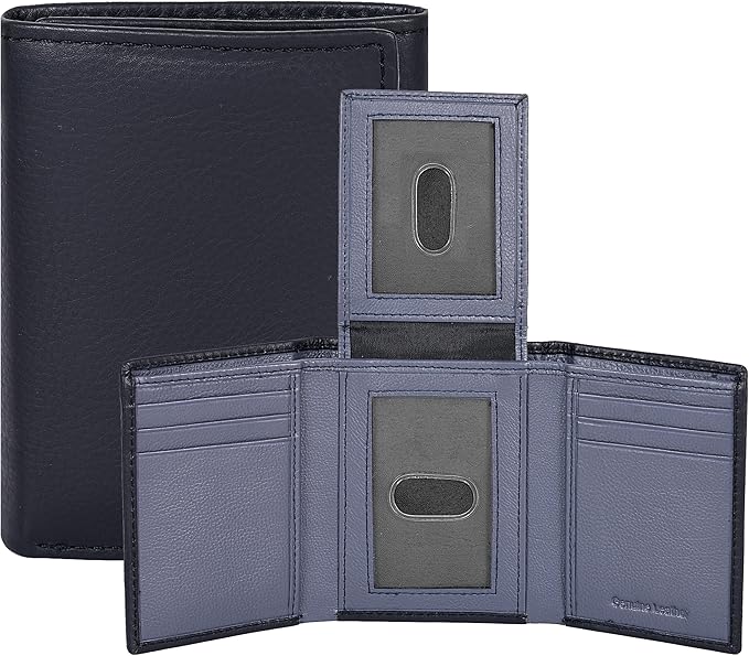 Real Leather Mens Trifold Wallet RFID Blocking Slim Minimalist Front Pocket - Thin & Stylish with ID Window in Gift Box