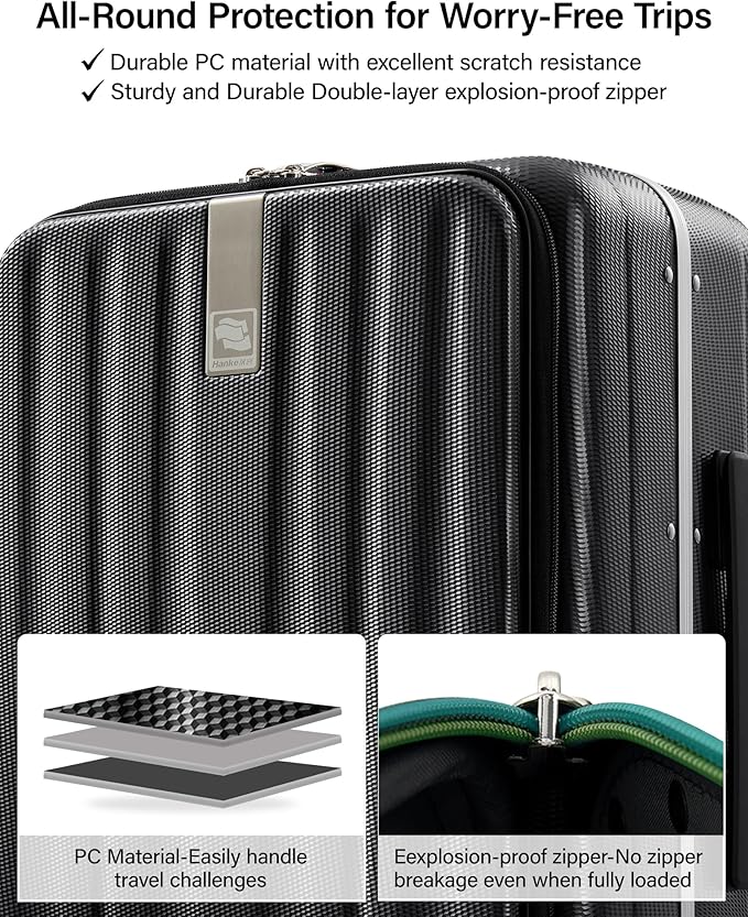 Hanke 24 Inch Checked Luggage PC Hard Shell Suitcases for Travel Front Opening Aluminum Frame Travel Luggage Rolling Suitcase with Wheels.(Jet Black)