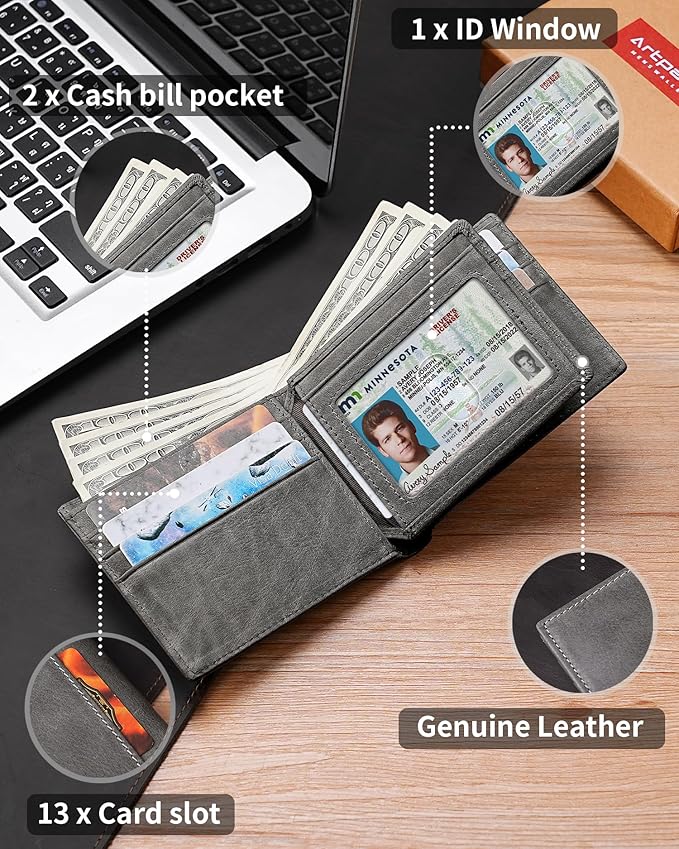 Artpaxy Mens Wallet Bifold Genuine Leather RFID Blocking Wallet for Men with 1 ID Windows 13 Card Holders 2 cash pockets 1 Gift Box