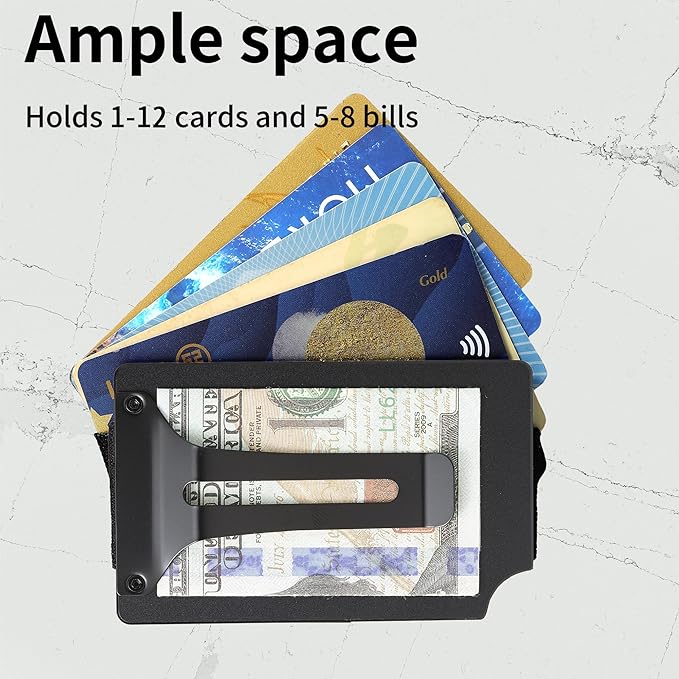 Minimalist Carbon Fiber Wallet for Men, Money Clip Cash Strap Wallet, RFID Blocking Metal Wallet Aluminum Card Holder,Front Pocket Wallet-Redline Flag Eagle