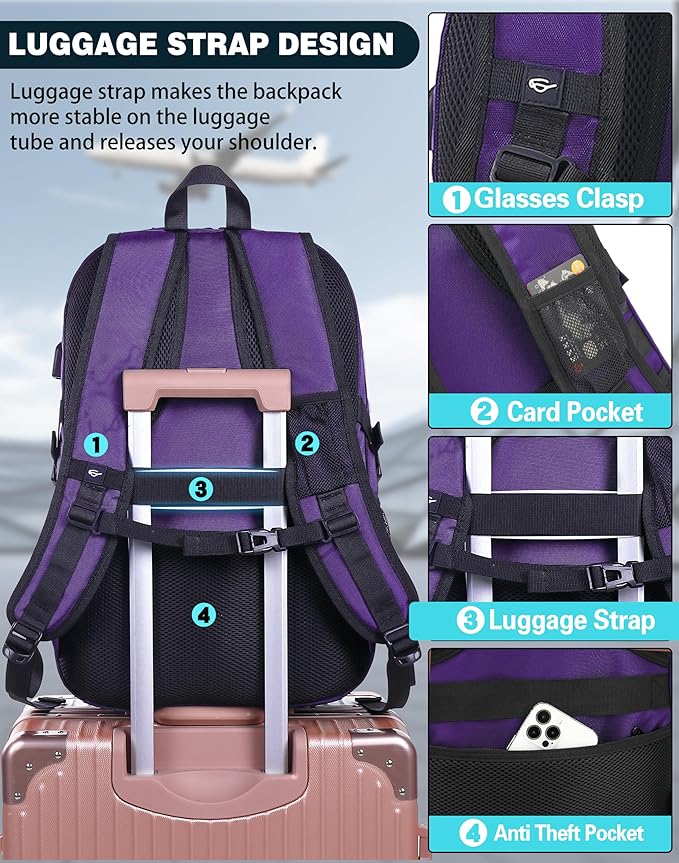 ProEtrade Travel Backpack, Extra Large Laptop Backpack School Business Anti Theft TSA Approved College Work Computer Bag Fits 17 Inch Laptop with USB Charging Port Bookbag for Women Men(Purple)