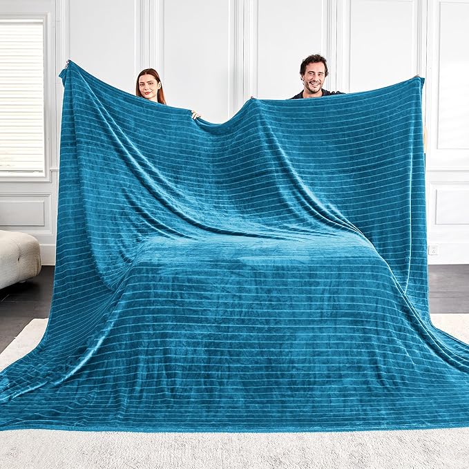 Extra Large 120x120 Inch Giant Soft Cozy Fleece Blanket, Huge Oversized Seamless King 3D Jacquard Decorative California King Blanket for Bed, Couch, Travel - Striped Teal