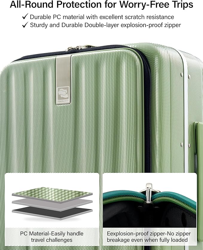 Hanke 26 Inch Large checked Luggage PC Hard Shell luggage Top Opening Aluminum Frame Travel Luggage Suitcases with Wheels for Woman Men.(Bamboo Green)