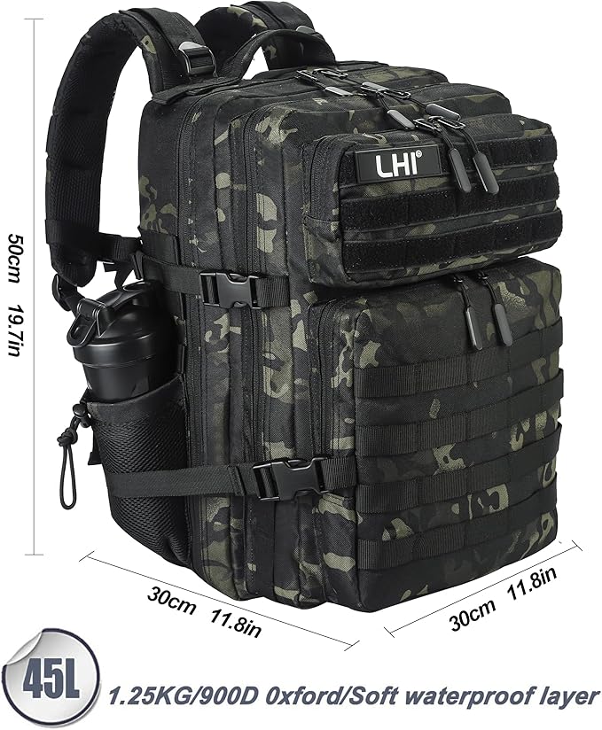 LHI Military Tactical Backpack for Men and Women 45L Army 3 Days Assault Pack Bag Large Rucksack with Molle System - Black CP