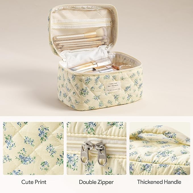 HBselect Quilted Makeup Bag, 3PCS Cotton Large Travel Makeup Bag, Cute Floral Coquette Make up Bag Cosmetic Bag Toiletry Bag for Women Girls
