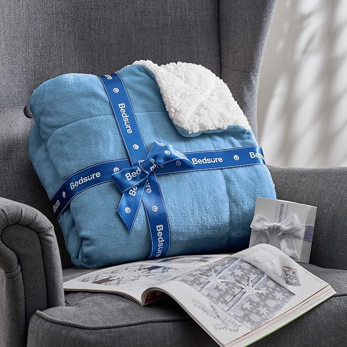 Bedsure GentleSoft Sherpa Fleece Blankets King Size for Bed, Non-Heated, Thick and Warm Throw for Women and Men, Soft Fuzzy Plush King Blanket for Winter, Washed Blue, 108x90 Inches