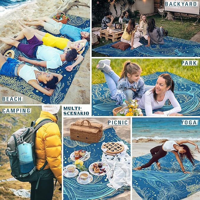 Famstar Beach Blanket Sandproof Waterproof 78''×81''1-5 Adults Oversized,Compact Lightweight Durable Beach Mat for Travel Camping Hiking Picnic Blanket
