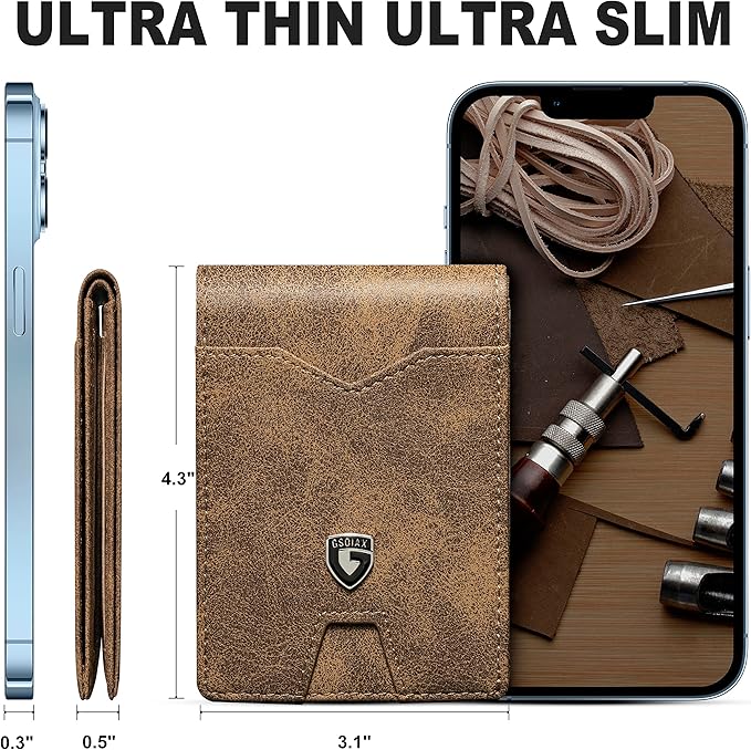 GSOIAX Slim Wallet for Men Rfid Blocking Leather Bifold Front Pocket Carbon Fiber Credit Card Holder Novelty Wallets With Gift Box (Retro Brown)
