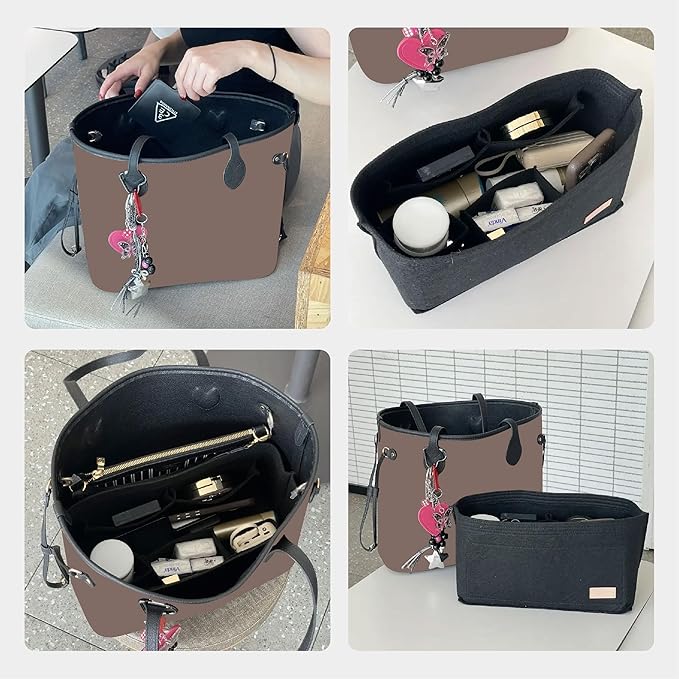 Purse Organizer Insert Compatible with Neverfull GM and More, Felt Bag Organizer with Base Shaper for Tote Handbags, Purse Insert with Zipper, 10 Cpmpartments, Black/XL