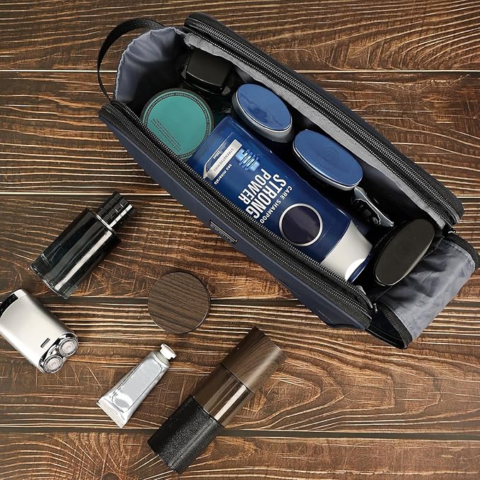 ZEEMO Travel Toiletry Bag for Men, Large Water-Resistant Double-Sided Full-Open Dopp Kit, Versatile Organizer for Shower and Hygiene Accessories, Bathroom Essentials, Cosmetics, Blue