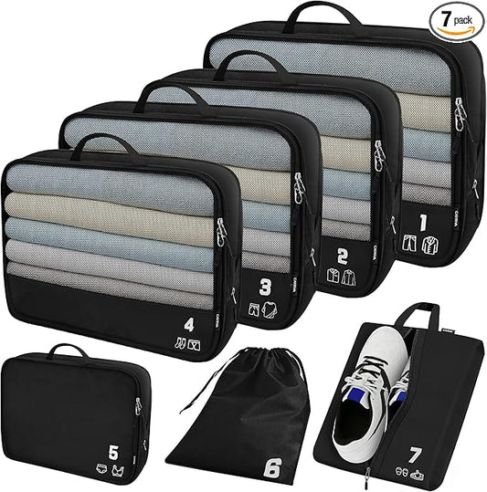 7 Set Compression Packing Cubes Travel Accessories Expandable Packing Organizers (Black)