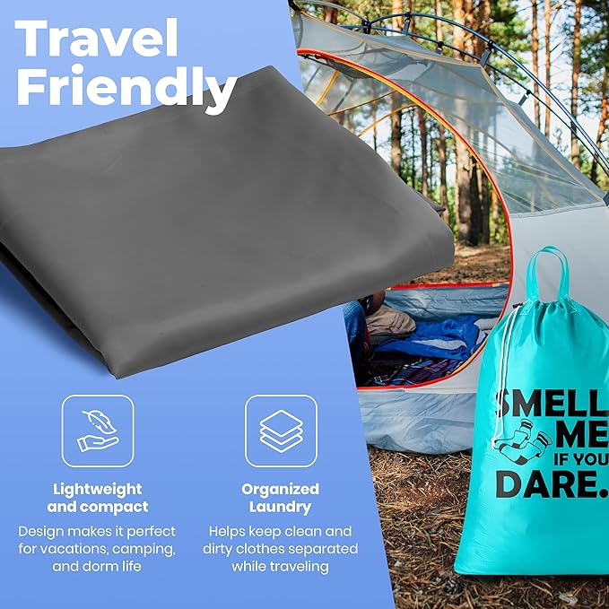 Extra Large Travel Laundry Bag - 2-Pack Fun Print Design Bags for Dirty Clothes - Durable Water-Resistant Fabric - Sturdy Drawstring Closure (Teal-Grey | Smell Me If You Dare)