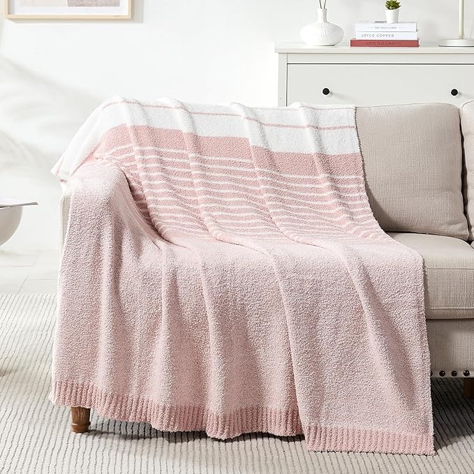 Throw Blanket, Pink White Soft Cozy Fluffy Striped Throw Blankets for Couch, Sofa, Bed, Chair, Warm Fuzzy Plush Lightweight Decorative Stripe Blanket, 50x60 inches