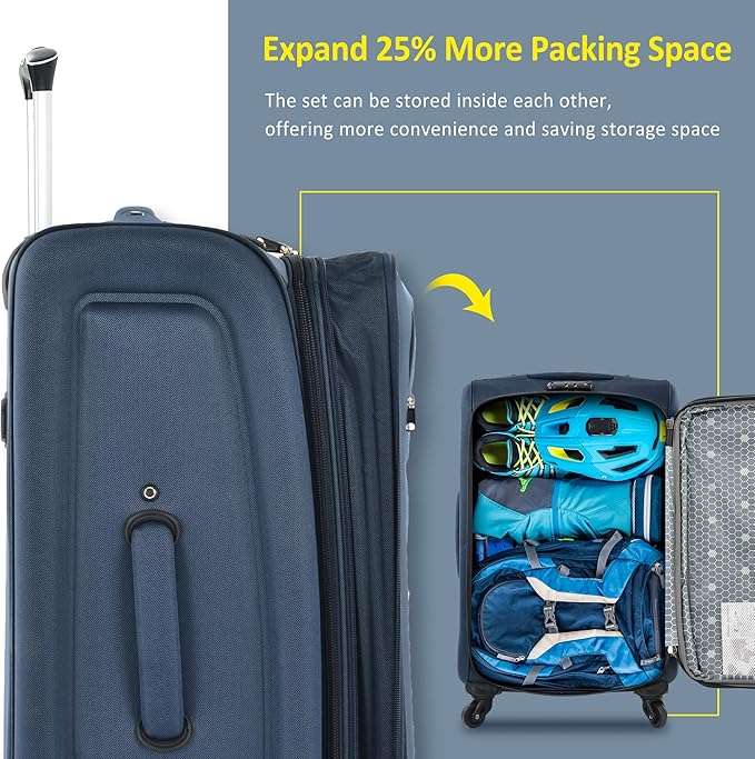 3 Piece Softshell Expandable Luggage Sets, Lightweight Travel Suitcase Set with TSA Lock and 360°Swivel Spinner Wheels, Durable Softside Luggage for Men Women, 22 in/26 in/30 in, Dark Blue