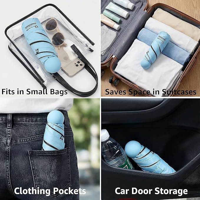 BAODINI Travel Essentials Mini Umbrella for Purse With Case Small Compact UV Sun Protection Lightweight Tiny Pocket Manual Open Close Umbrella for Women Kids and Men Fits Purse Backpack