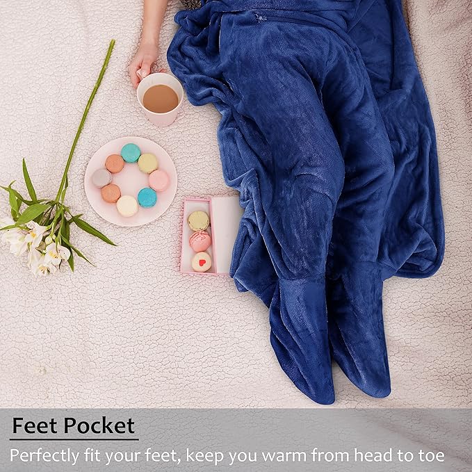 Tirrinia Travel Blanket Pillow - Wearable Airplane Blanket with Feet Pockets for Long Flights, Airplane Accessories Blanket Robe for Women and Men, Gift for Her