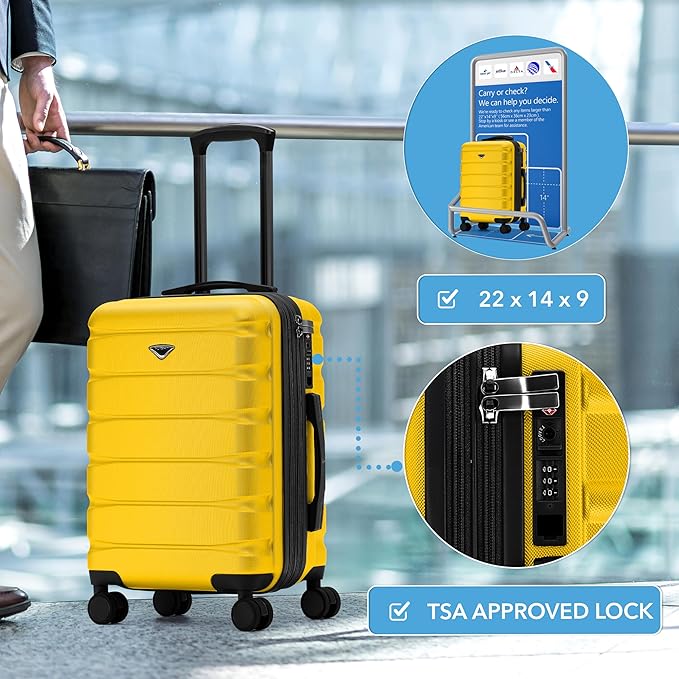 Flight Knight 22x14x9" Expandable Carry On Suitcase Hardside TSA Lock USB C Port Lightweight Luggage Silent Double Spinner Wheels Maximum Overhead Carry-On Bag For American & United Approved Airlines