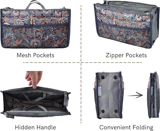 Vercord Purse Organizer Insert for Handbags Bag Organizers Inside Tote Pocketbook Women Nurse Nylon 13 Pockets Splash Wave Medium