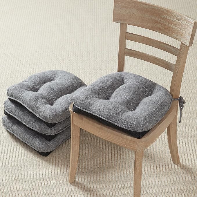 Quilmfoam 16.5"x15.5" Kitchen Chair Cushions Set of 4 for Dining Chair, Soft Tufted Non-Slip Memory Foam Seat Cushion with Ties for Indoor Kitchen Dining Furniture, Dark Grey
